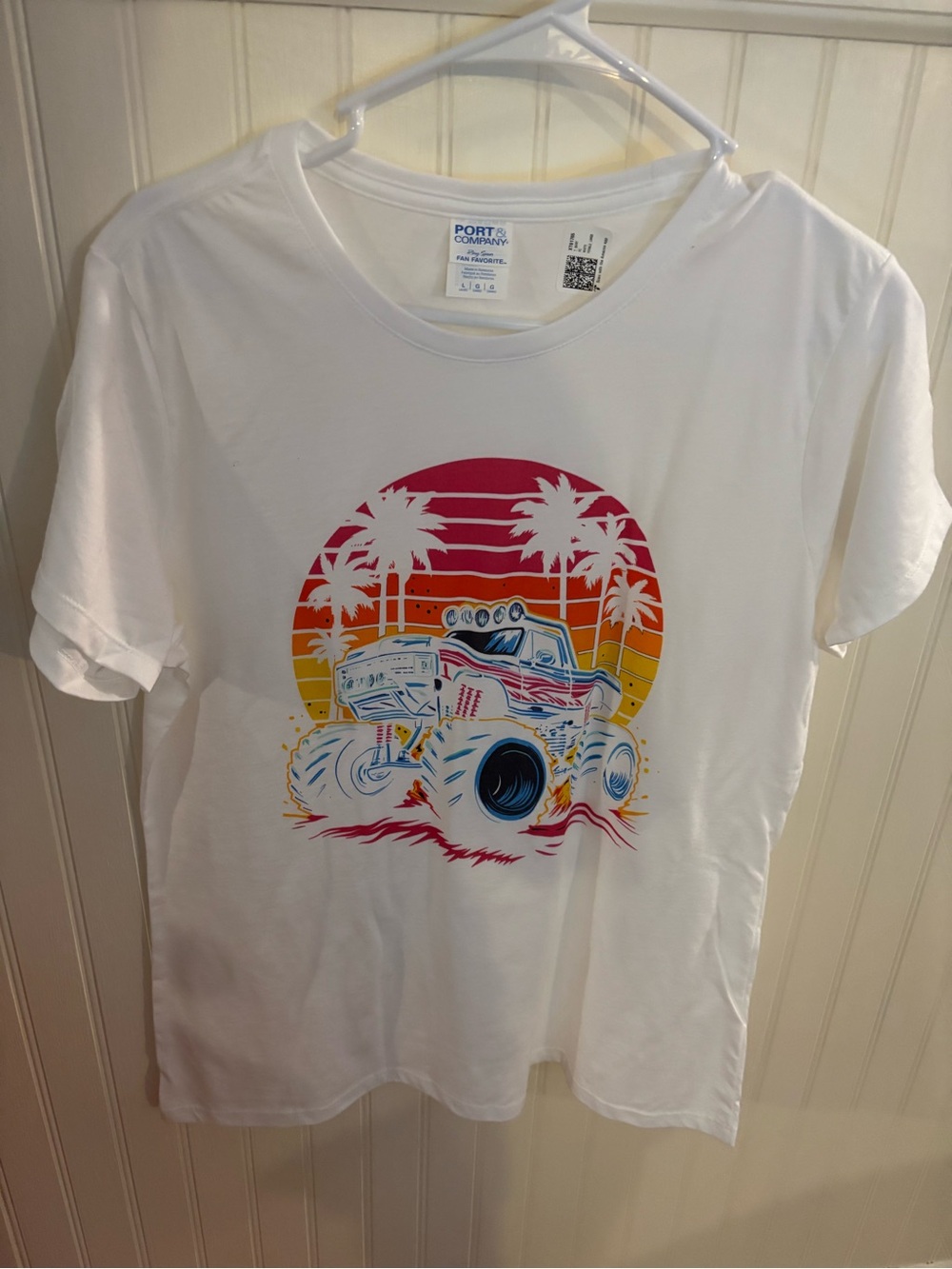 NWOT Port and Company White Short Sleeve Tee with Sunset Monster Truck Graphic
